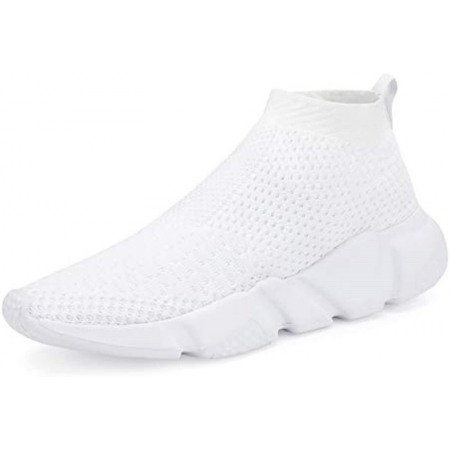 Men's Running Shoes Breathable Knit Slip On Sneakers Lightweight Athletic Casual Sports Shoes White